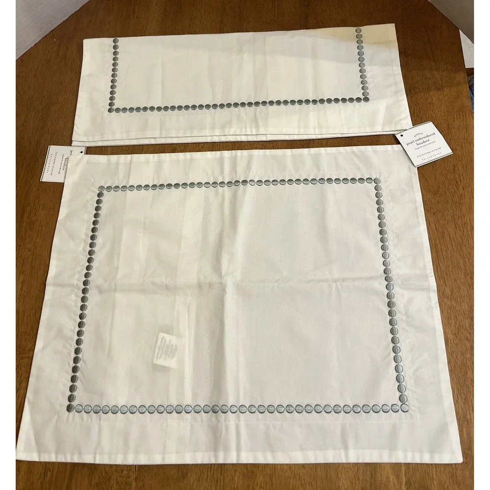 Pottery Barn Pearl Embroidered Pillow Shams White Green Mist Set of 2 NWT 12x16